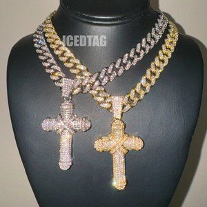 Iced Bling Out Religious Cross Pendant, 24" Cuban Necklace Chain CZ Diamond Set